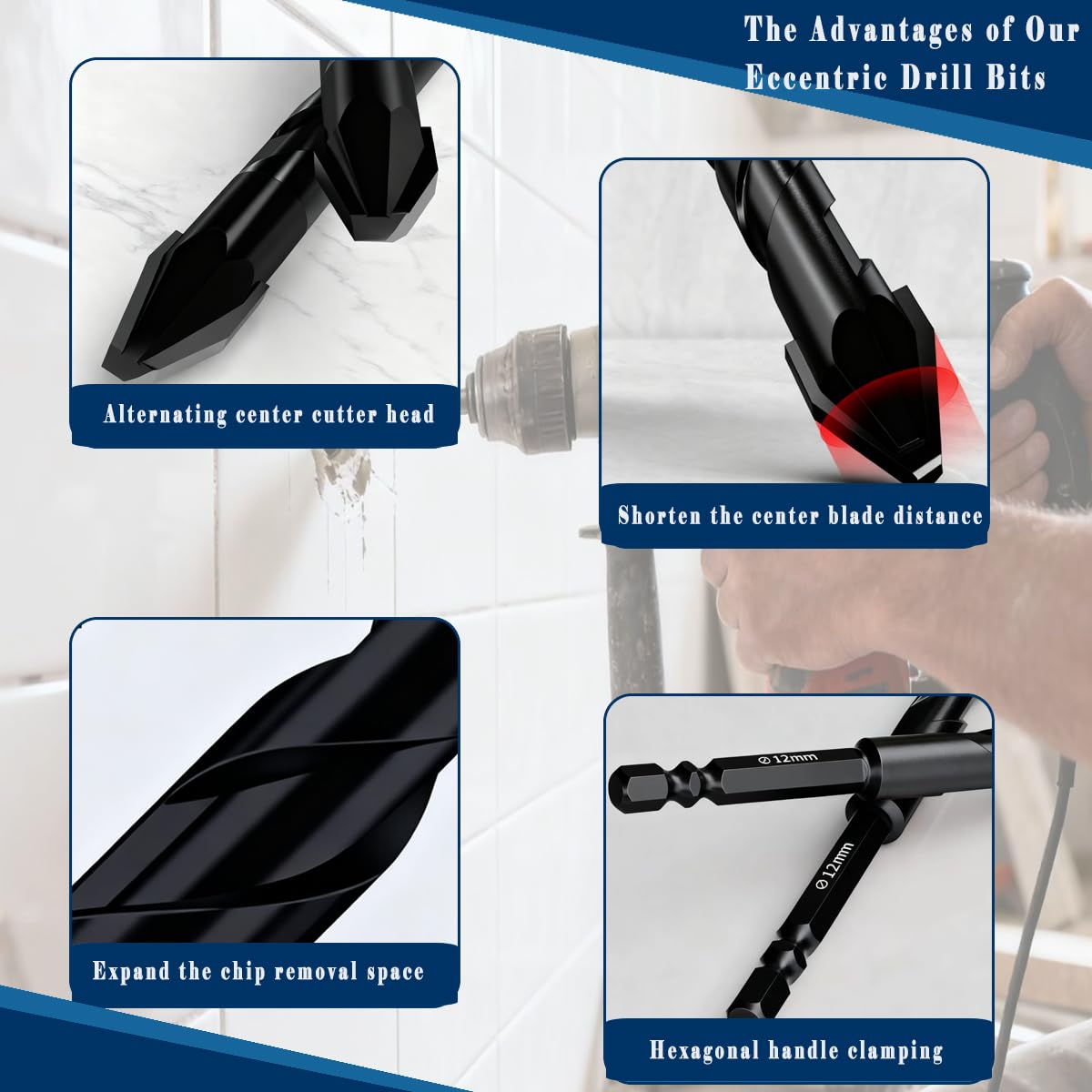 Larouoba 10pc Black Special Crooked Head Eccentric Drill Bit Set, Porcelain Tile Drill Bit Concrete Drill Bit for Glass,Brick,Plastic,Cement,Wood,Ceramic,Metal,Marble (3/16” to 1/2”).