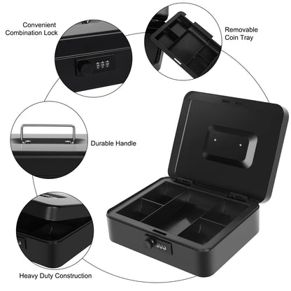 Cash Box with Money Tray and Combination Lock, Metal Money Box for Cash Petty Cash Lock Box for Money Safe 9.84" x 7.87" x 3.54" Black