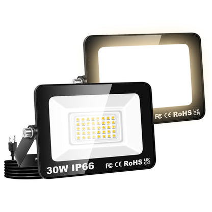 Willpower 2PCS Outdoor LED Floodlights 30W 3000LM, Flood Lights with Plug, LED Security Lights 3000K Warm White Job Site Work Lamp IP66 Waterproof for Garden Garage Yard Lawn Court Workshop Patio