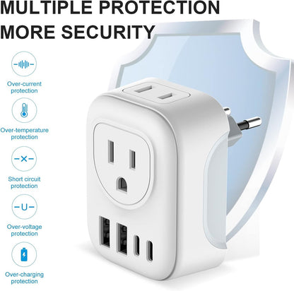 2 Pack European Travel Plug Adapter, VYLEE International Travel Adapter with 2 Outlets 4 USB Ports(2 USB C), 6 in 1 Type C Travel Essentials Charger for US to Most of Europe EU Italy Spain France