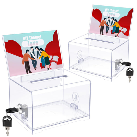 Uniclife 2 Pack Acrylic Donation Box with Lock and Sign Holder 6.2" x 4.7" x 4" Ballot Boxes with Slot Clear Plastic Suggestion Box Storage Container for Fundraising Voting Charity Tip Collection