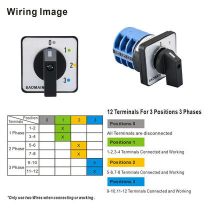 Baomain 40A Changeover Control Switch, 660V 4 Positions 12 Terminals, Rotary Cam Switch SZW26-40/0-3.3