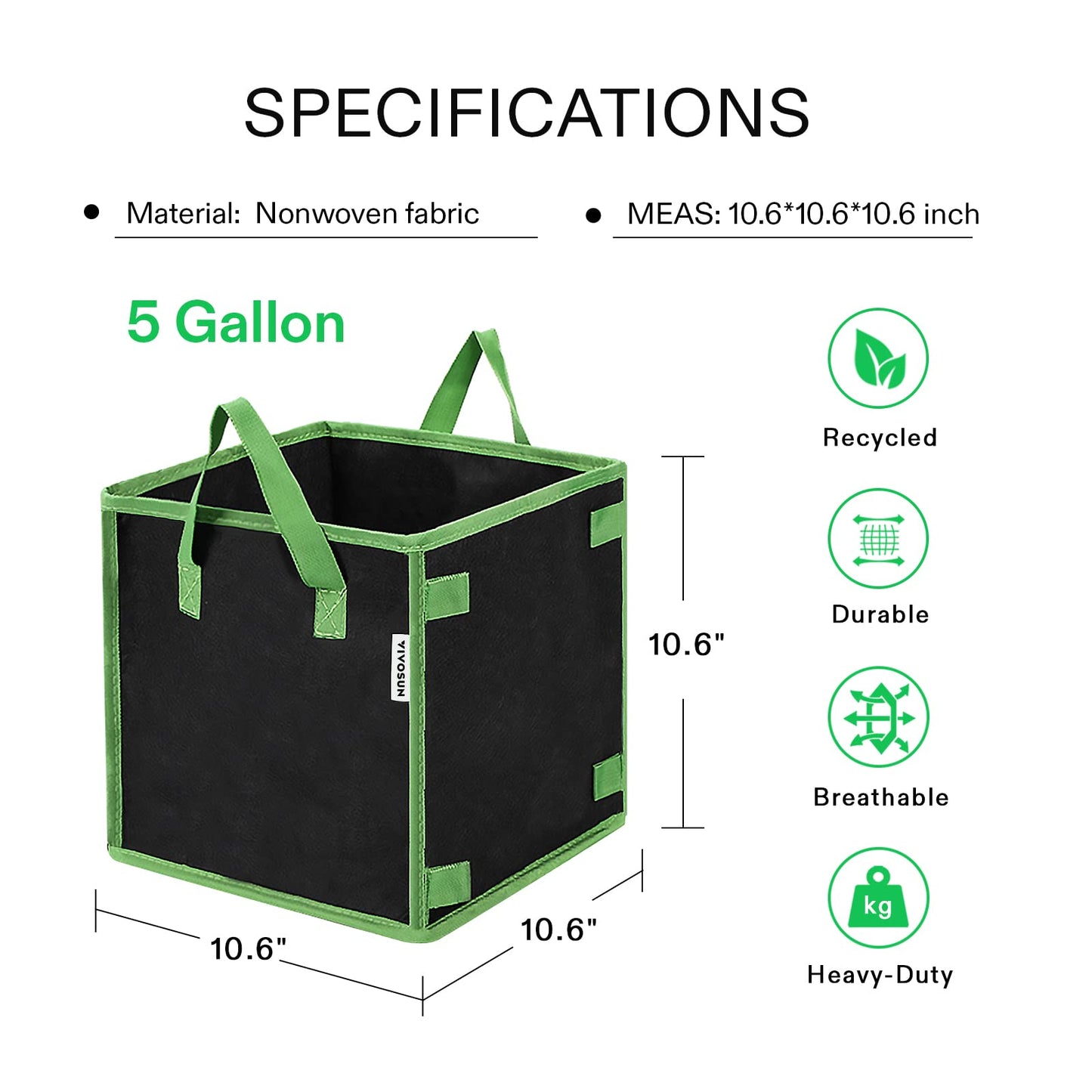 VIVOSUN 5 Pack 5 Gallon Square Grow Bags, Thick Fabric Bags with Handles