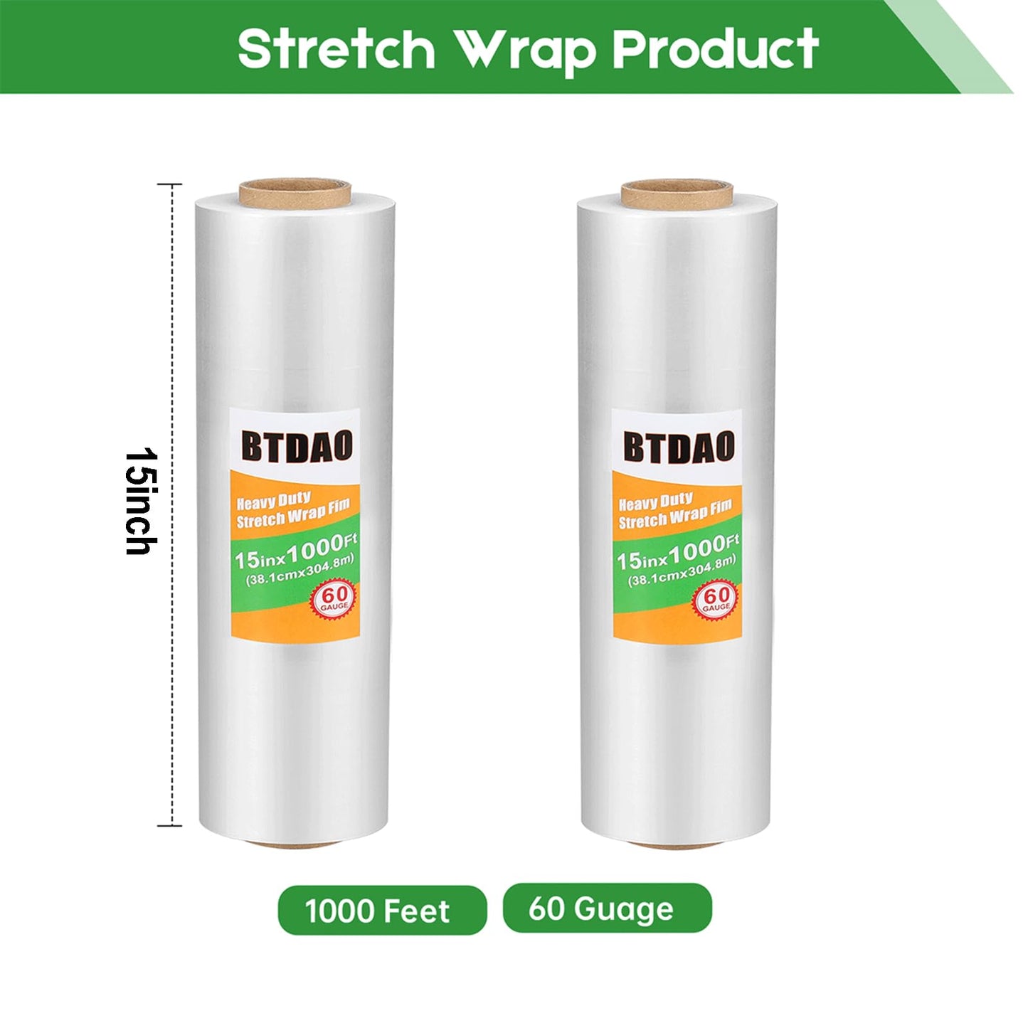 2 Packs Stretch Wrap Stretch Film 15" X 1000 Feet Shrink Wrap Packing Moving Suppliers 60 Gauge Plastic Wrap for Pallet Wrapping Shipping and Surface Protection