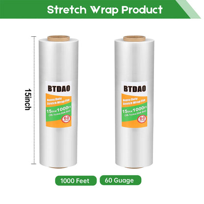 2 Packs Stretch Wrap Stretch Film 15" X 1000 Feet Shrink Wrap Packing Moving Suppliers 60 Gauge Plastic Wrap for Pallet Wrapping Shipping and Surface Protection