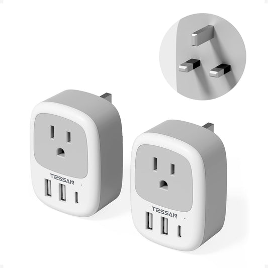 Canada to UK Ireland Travel Adapter 2 Pack, TESSAN Plug Adaptor with 1 Outlet and 3 USB Ports(1 USB C), Type G Power Plug for London, Scotland, Kenya, Singapore, Hong Kong, Tanzania, Saudi Arabia
