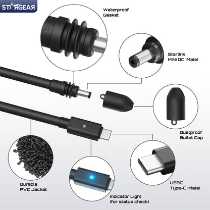 STARGEAR Starlink Mini Cable 6.5FT, 16AWG Starlink Cable with Indicator Light 140W USB C to DC, Accessories for Starlink Work with 60W+ PD Source, Compatible with 28V PPS 20V PD Protocols