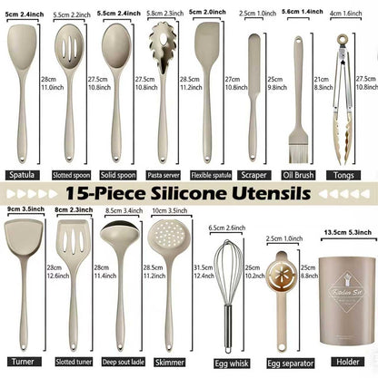 15-Piece Silicone Cooking Utensil Set Non-Stick Includes a Whisk Tongs Spoon and Other Cooking Tools BPA-Free Machine Washable Heat Resistant Up to 220°C (428°F) (Khaki). (15pcs)