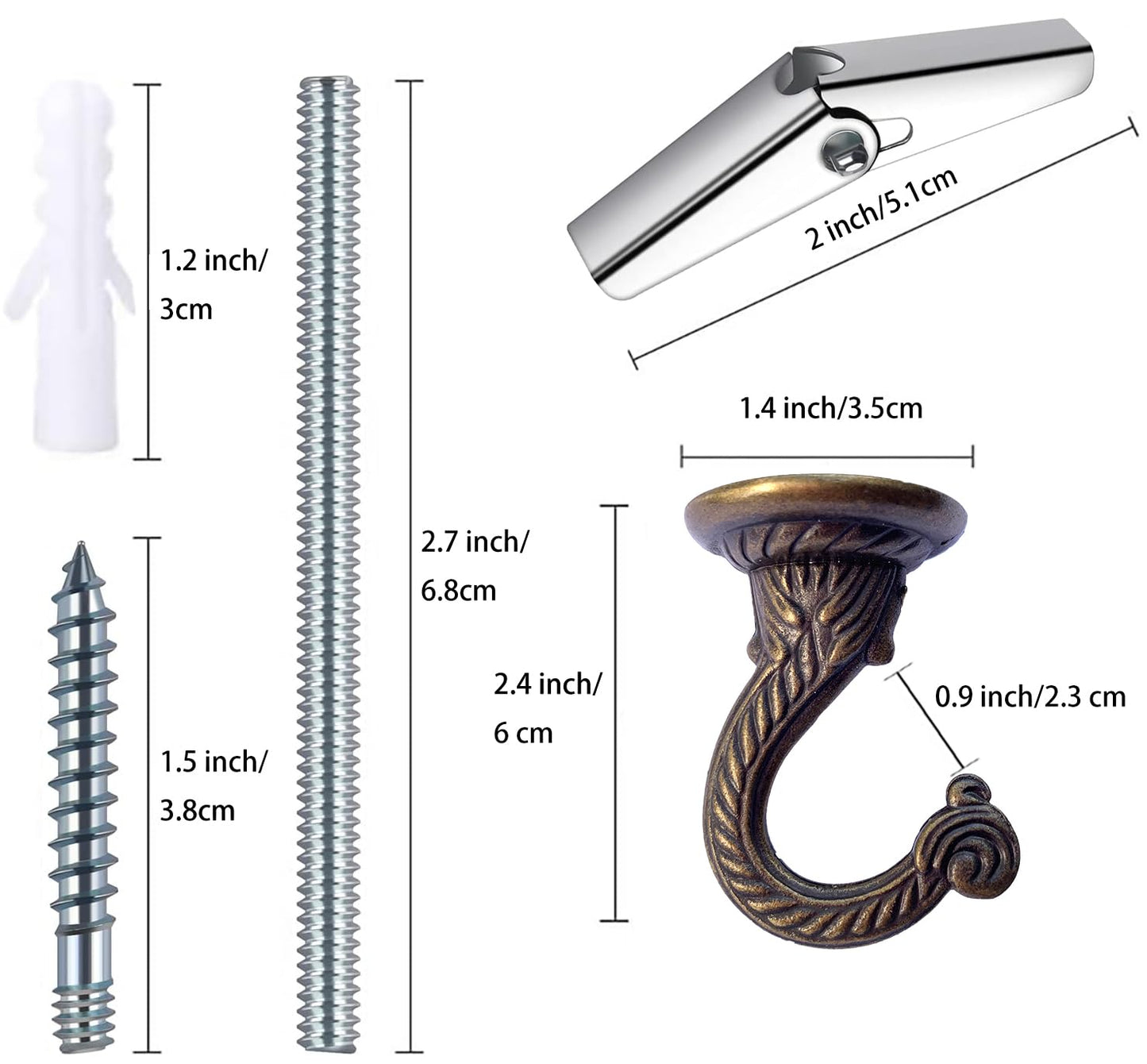 OBSTKUCHEN 6 Sets Large Swag Ceiling Hooks Heavy Duty Swag Hook with Hardware for Hanging Plants Ceiling Installation Cavity Wall Fixing (Antique Brass)