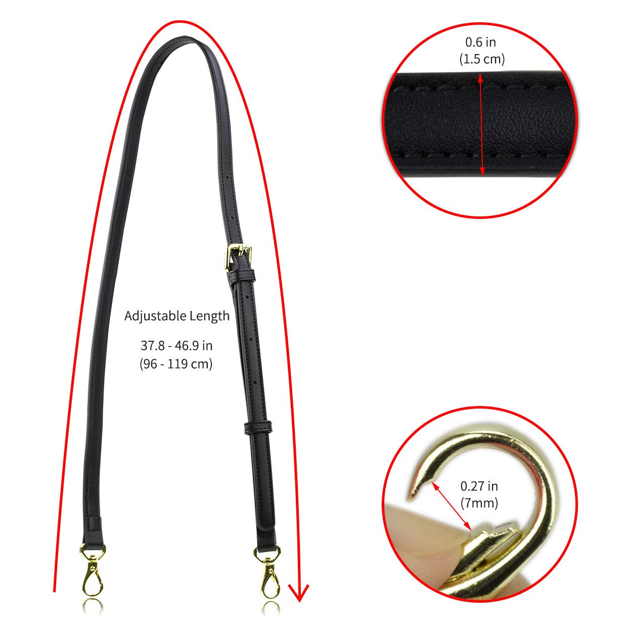 Allzedream Leather Purse Strap Replacement Crossbody Handbag Long Adjustable, Black, Medium