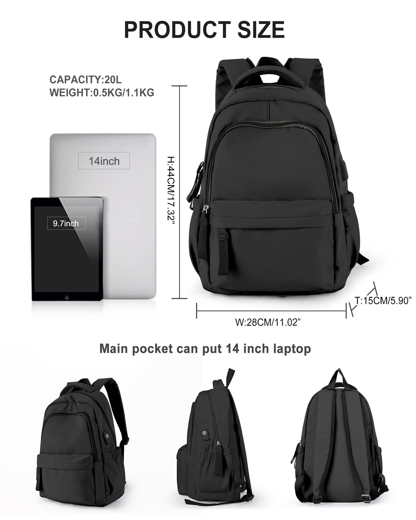 Backpack for School Black Women College High School Bag for Girls Teen Boys Book Bag Casual Travel Laptop Backpacks for Men
