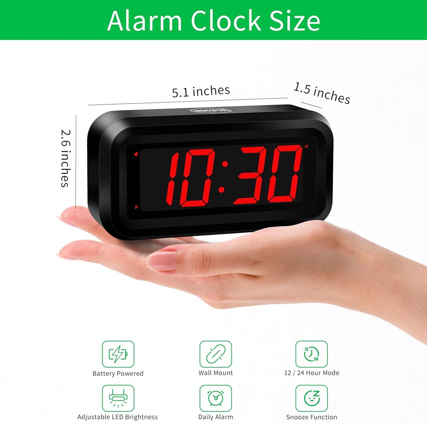 Alarm Clock, Digital Clock, Small Wall Clock, Battery Operated, Adjustable 3-Level Led Brightness, Dim Night Model, 12/24Hr, Cordless, Constantly 1.2'' Digits Display for Bedroom/Travel