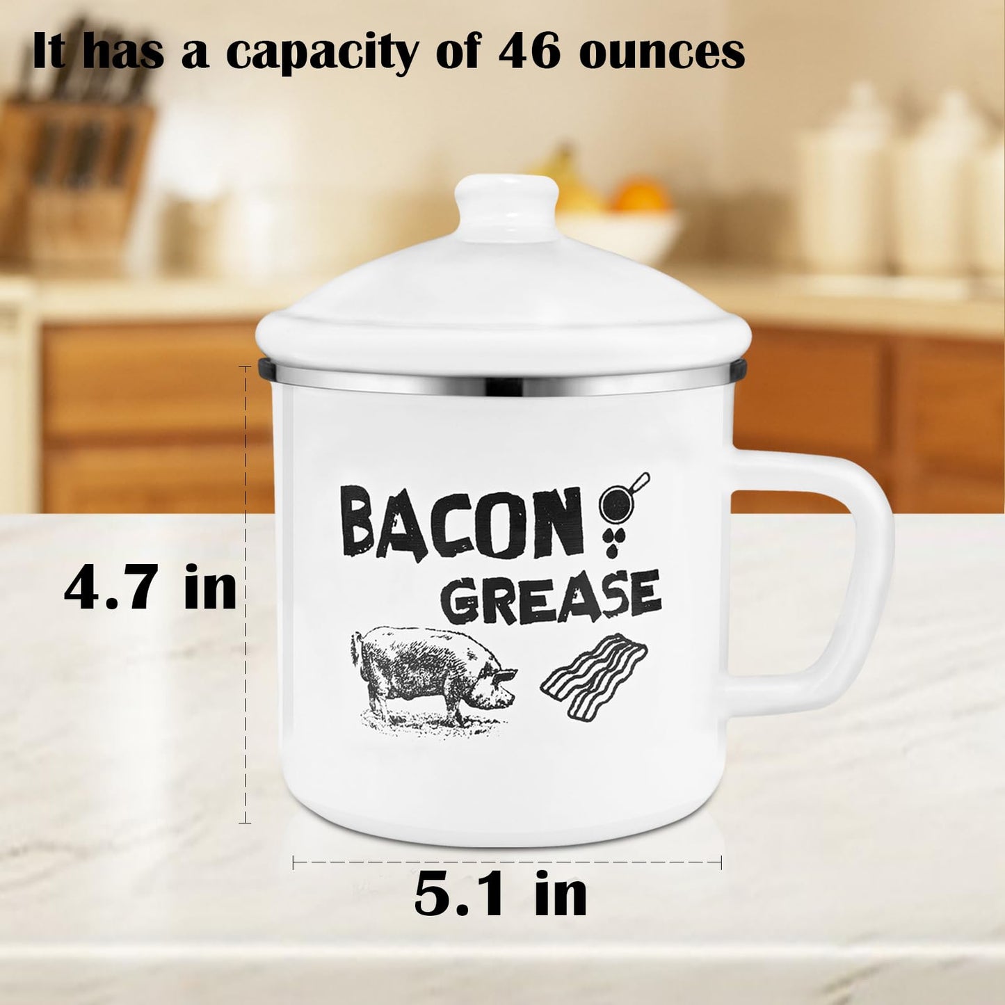 BokingOne Bacon Grease Container with Strainer, 1.5L/46oz Large Stainless Steel Cooking Oil Container with Lid & Spoon, White Enamel Bacon Grease Keeper for Bacon