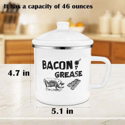 BokingOne Bacon Grease Container with Strainer, 1.5L/46oz Large Stainless Steel Cooking Oil Container with Lid & Spoon, White Enamel Bacon Grease Keeper for Bacon