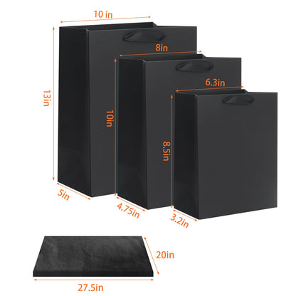 QIELSER 12 Pack Black Gift Bags with Ribbon Handles, Kraft Paper Gift Bags with Tissue Paper 3 Different Sizes in 21.5cm, 25.5cm and 33cm for Party Favor, Wedding, Retail, Business, Graduations