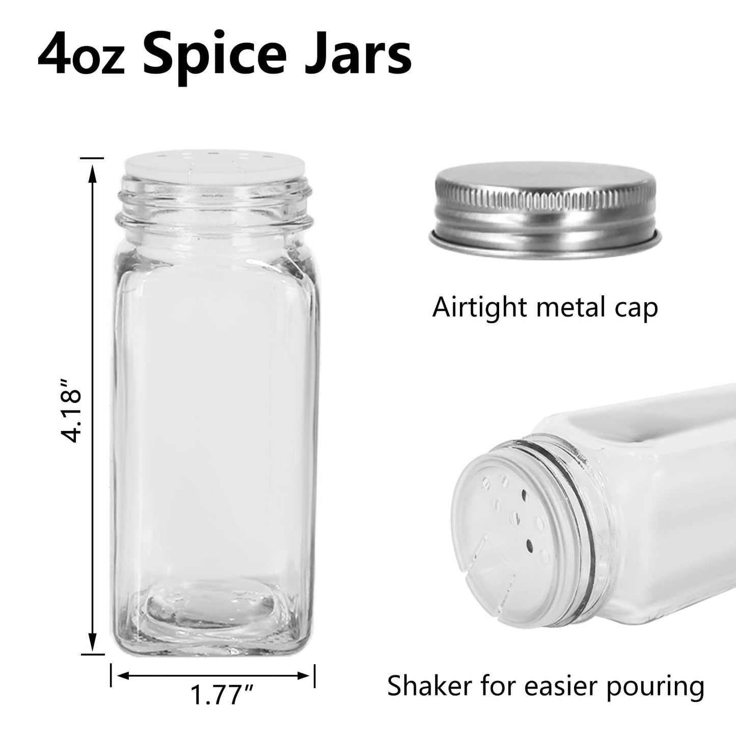 120ml 4oz Glass Spice Jars,15 Pack Square Seasoning bottles with Silver Caps and Shaker Lids,20pcs Labels,1 Funnel and 1 Brush for Kitchen Storage
