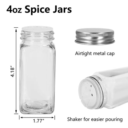 120ml 4oz Glass Spice Jars,15 Pack Square Seasoning bottles with Silver Caps and Shaker Lids,20pcs Labels,1 Funnel and 1 Brush for Kitchen Storage