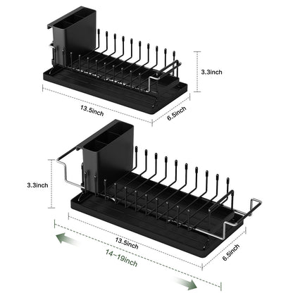 Dish Drying Rack - Aufworld Expandable Small Sink Dish Rack with Silicone Drying Tray, Over Sink Dish Drainer for Kitchen Counter with Utensil Holder, Drain Rack Fit for 14’’-19’’ Kitchen Sink