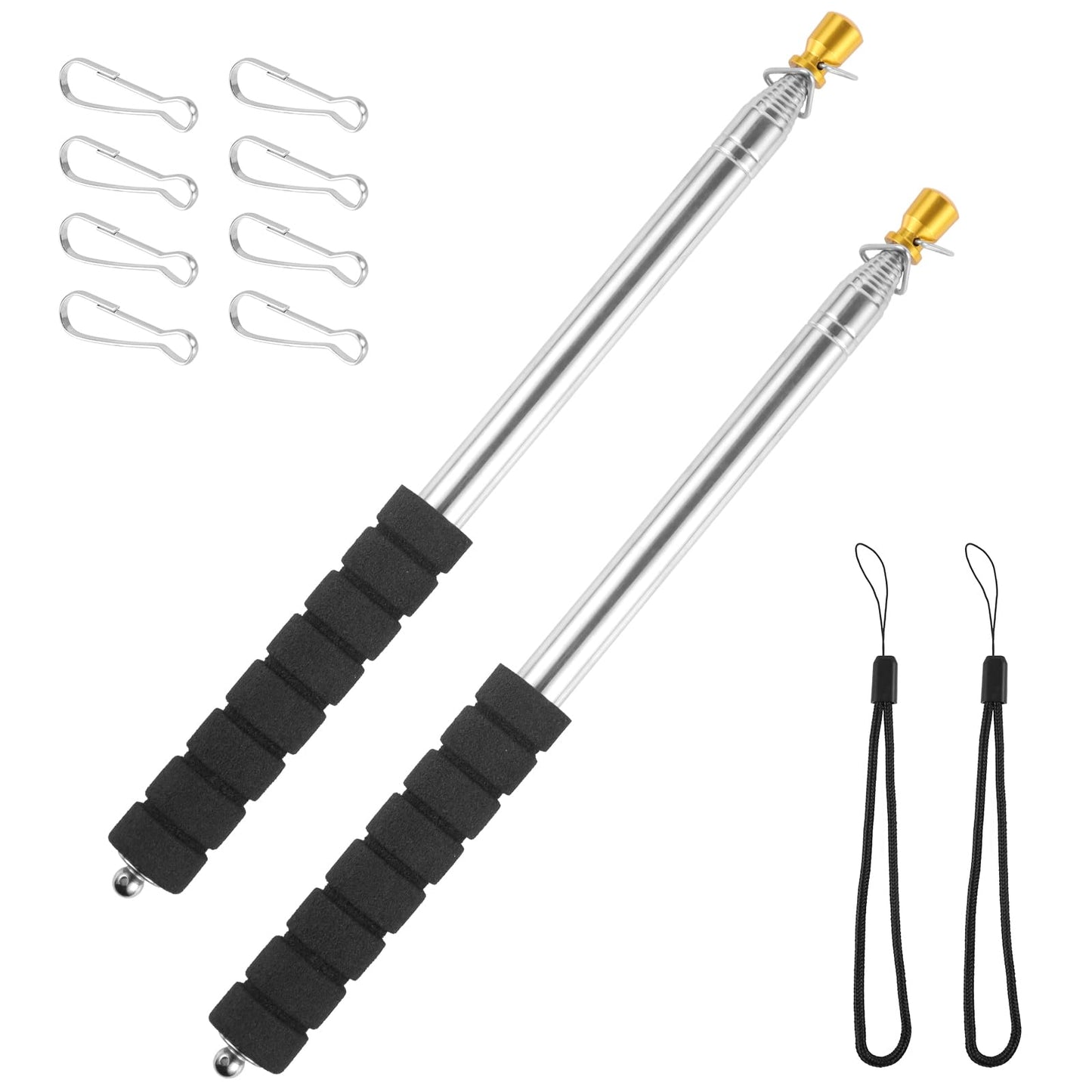 2pcs 9.84ft Telescopic Handheld Flagpoles with Clips, Stainless Steel Telescopic Banner Pole Portable Tour Guide Flag Pole Pointer Stick for Teacher (Black)