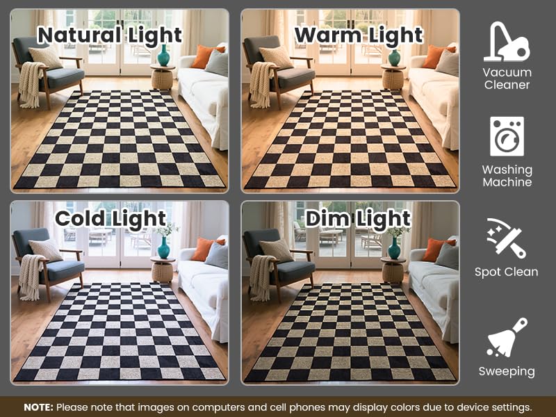 Washable Front Door Mat Indoor Entrance 2x3 Checkered Rug, Flat Print Plaid Area Rugs Ultra-Thin Carpet Stain Resistant Non-Slip for Entry Kitchen Hallway Kids Room Laundry Bedroom(Black and Camel)