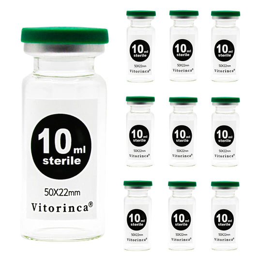 Vitorinca 10ml Sterile Glass Vials, 10 Packs-10ml Sterile Empty Vial with Self-Healing Injection Port and Flip Top Cap, Sterile Package
