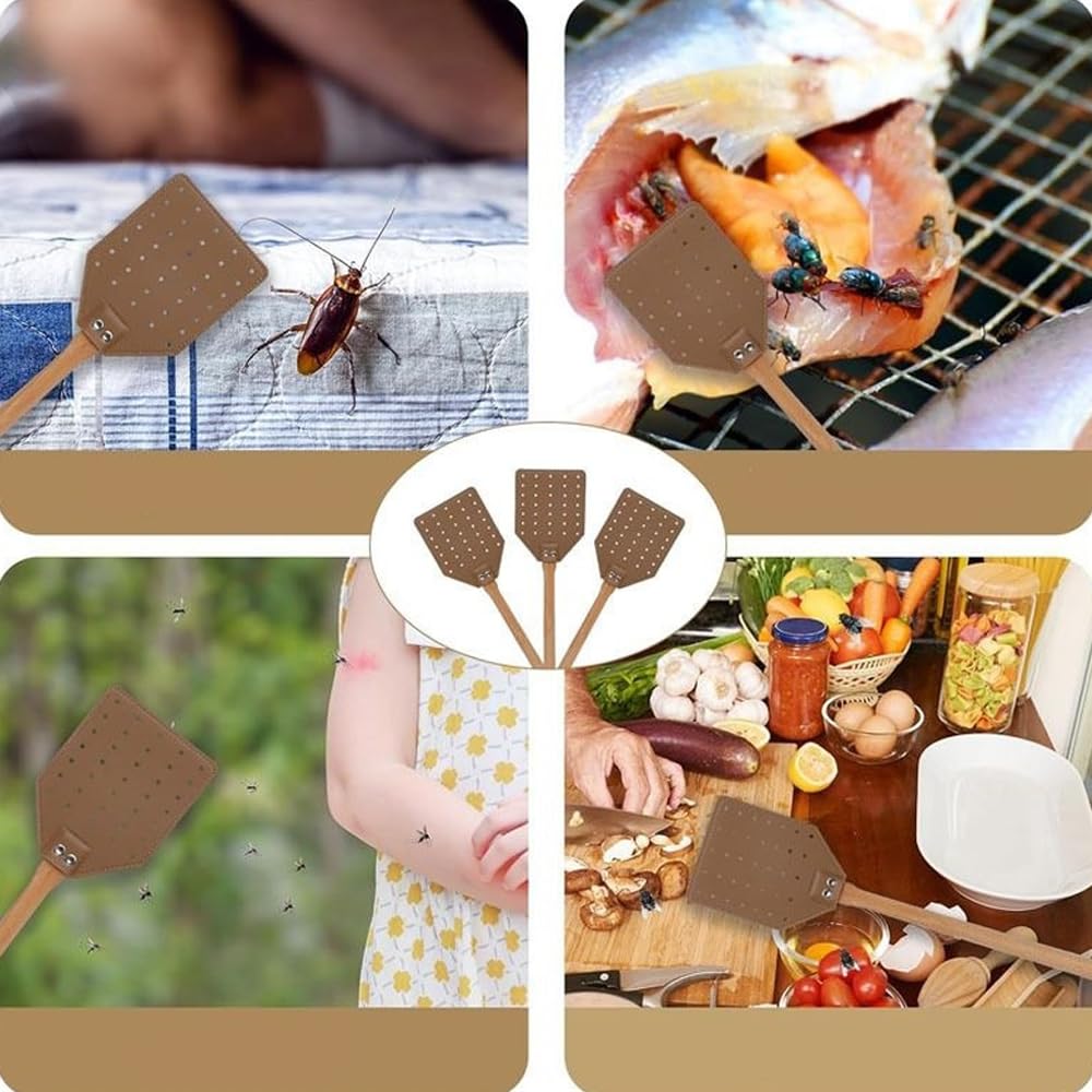 4 Pcs Leather Fly Swatter with Wood Handle,Leather Flyswatter Manual Heavy Duty Fly Swatter,Durable Duty Fly Insects Catcher for Home Indoor Outdoor Kitchen for Spiders, Flies, Bees, Mosquitoes