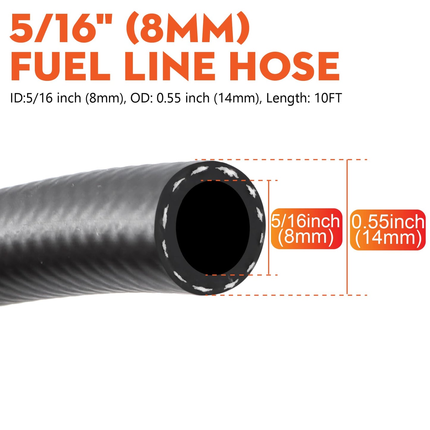 Taxutor 5/16 in NBR Rubber Fuel Line Hose, 10 FT, 10 PCS Clamps, Black, Automotive Fuel Hose