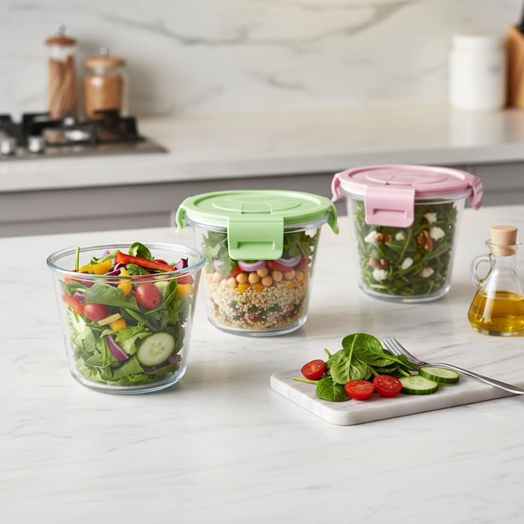 B.GUBOBOYA 4Pack Round Glass Soup Storage Containers with Locking Lids, 24oz Glass Food Containers BPA free, Round Food Containers for Salad, Soup, Lunch and Microwave, Freezer, Dishwasher Safe
