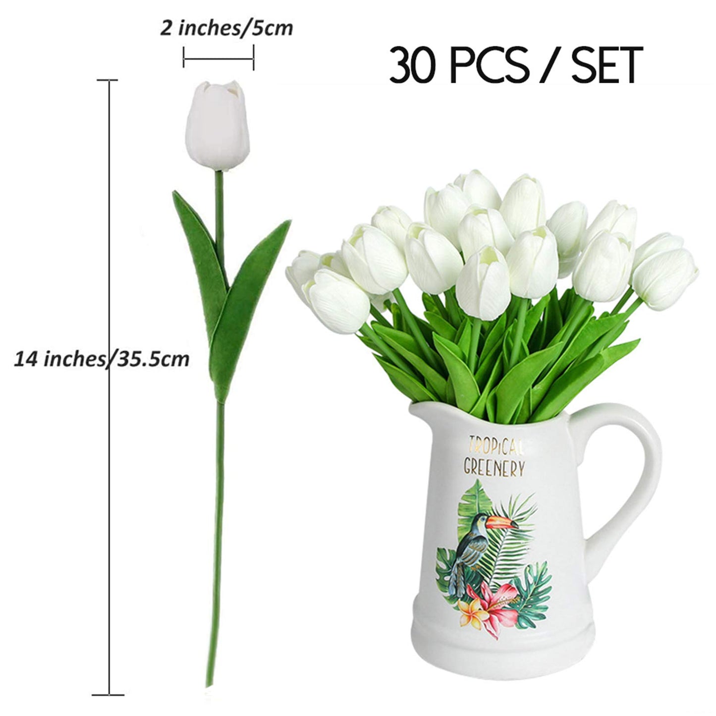 Artificial Flowers 30pcs Bouquet 14" Tall Real Touch Tulips, White PU Fake Tulips Flowers for Arrangement Wedding Party or Easter Spring Home Centerpiece Dining Room Office Table Decoration
