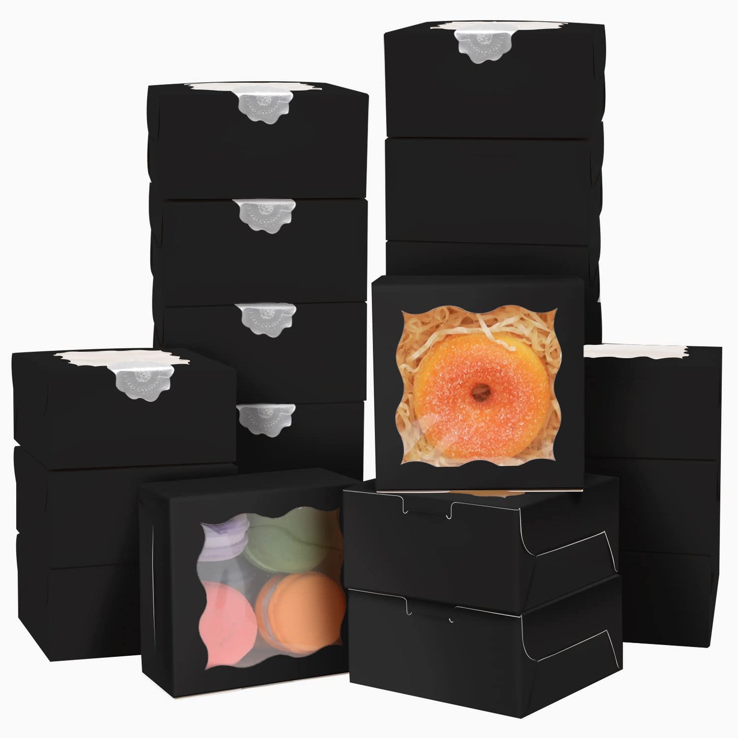Bakepacker 4x4x2.5" Black Bakery Boxes with Window 60pcs Mini Cookie Boxes Macaron boxes Small Donut Pastry Boxes for Party