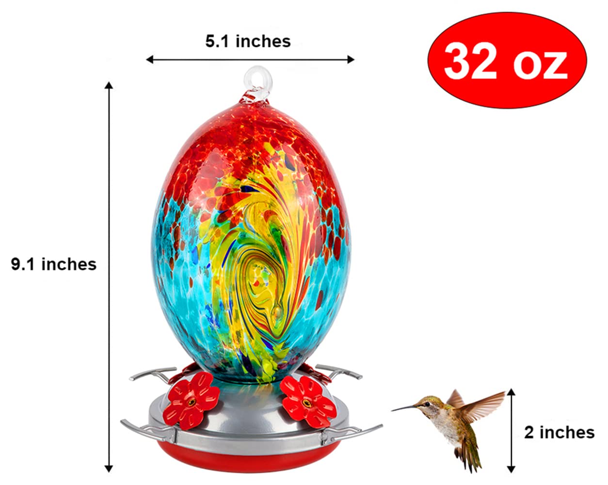 REZIPO Glass Hummingbird Feeder for Outdoors Hand Blown Glass 30 Ounces Colorful Patio Garden Hummingbird Feeder with Hooks, Brush and Service Card (Green)