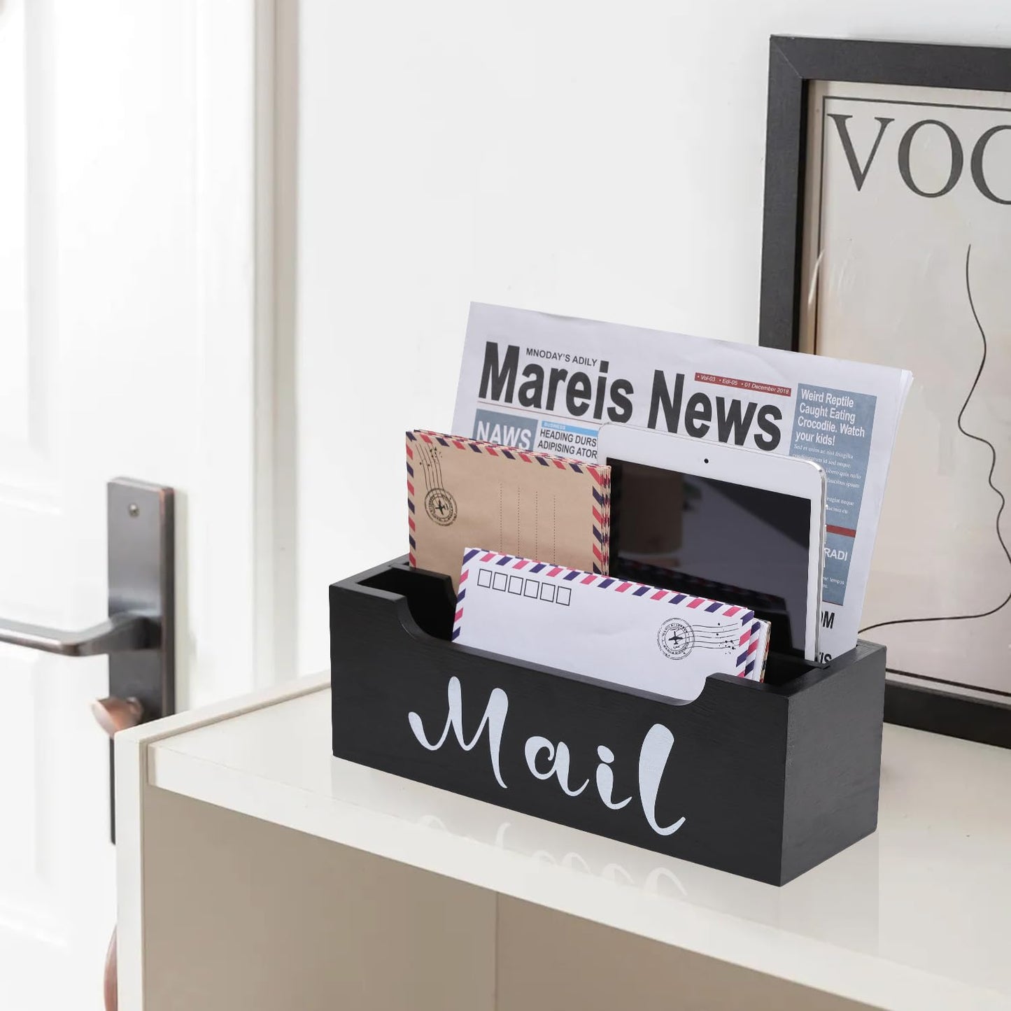 ZBBCTUS Mail Organizer Wall Mounted with 2 Slots & Removable Grids, Black Mail Sorter Basket, Wood Desk Mail Holder Countertop Hanging for Home Office Decor