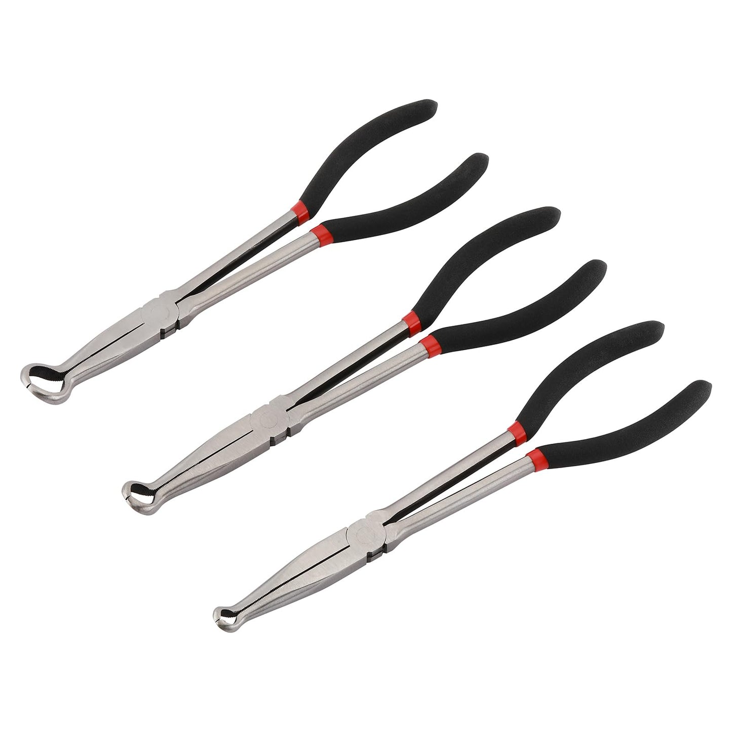 CASOMAN 3Pcs 11" Hose Gripper Plier Set, Black & Red, 5/16-Inch, 1/2-Inch, 3/4-Inch Dia, Offset Spark Plug Boot Removal Pliers Serrated Jaws for Hard to Reach Narrow Spaces