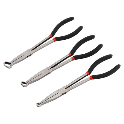 CASOMAN 3Pcs 11" Hose Gripper Plier Set, Black & Red, 5/16-Inch, 1/2-Inch, 3/4-Inch Dia, Offset Spark Plug Boot Removal Pliers Serrated Jaws for Hard to Reach Narrow Spaces