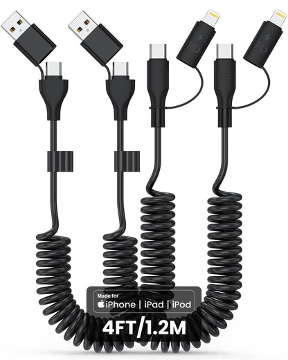 2-Pack Coiled USB Cable, USB to USB C and Lightn-ing Cable 4-in-1, Car Carplay Cable, Fast Charging Cord for iPhone 17 16 15 14 13 12, iPad, MacBook, Galaxy, Note & More - 4ft/Black
