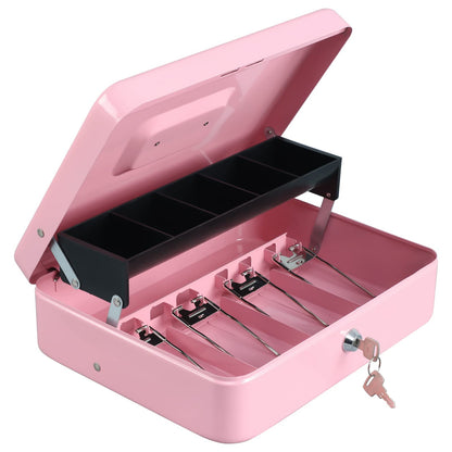Cash Box with Lock and Money Tray - Tomekji Durable Metal Large Money Box 11.8"L x 9.5"W x 3.5"H - 5 Compartment Tray 4 Spring Loaded, Come with 2 Key, Pink