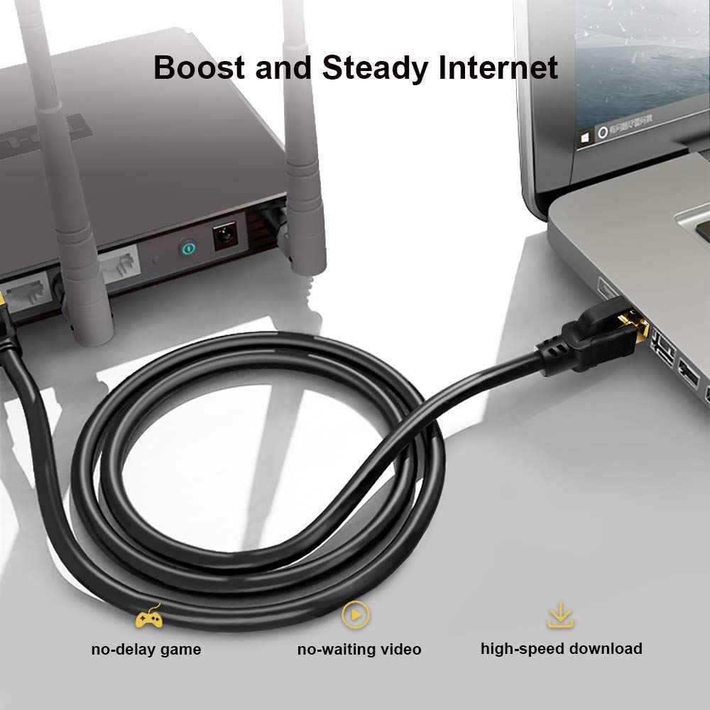 Yauhody CAT8 Ethernet Cable 33FT, High Speed 40Gbps 2000MHz 26AWG Internet Network LAN Cable with Gold Plated RJ45 Connector for Router, Modem, PC, Switches, Hub, Laptop, Gaming, Xbox (33ft/10m) Black