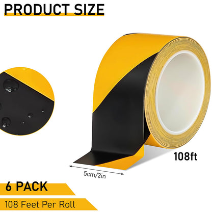 6 Pcs Black & Yellow Floor Hazard Marking Tape, 2 Inch x 108 Feet Caution Tapes Safety Warning Tape for Caution Self Adhesive Hazard Stripe Tapes for Stair, Outdoor Construction