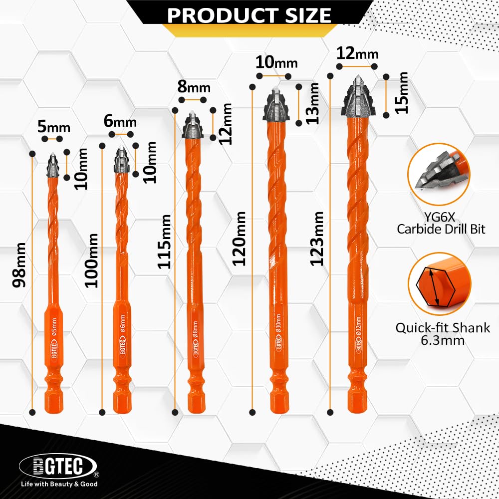 BGTEC Serrated Carbide Masonry Drill Bit Set - 5PCS 3/16"/1/4"/5/16"/3/8"/1/2" Wood Drill Bits for Wood Plastic Masonry Brick Tile Glass Concrete Marble