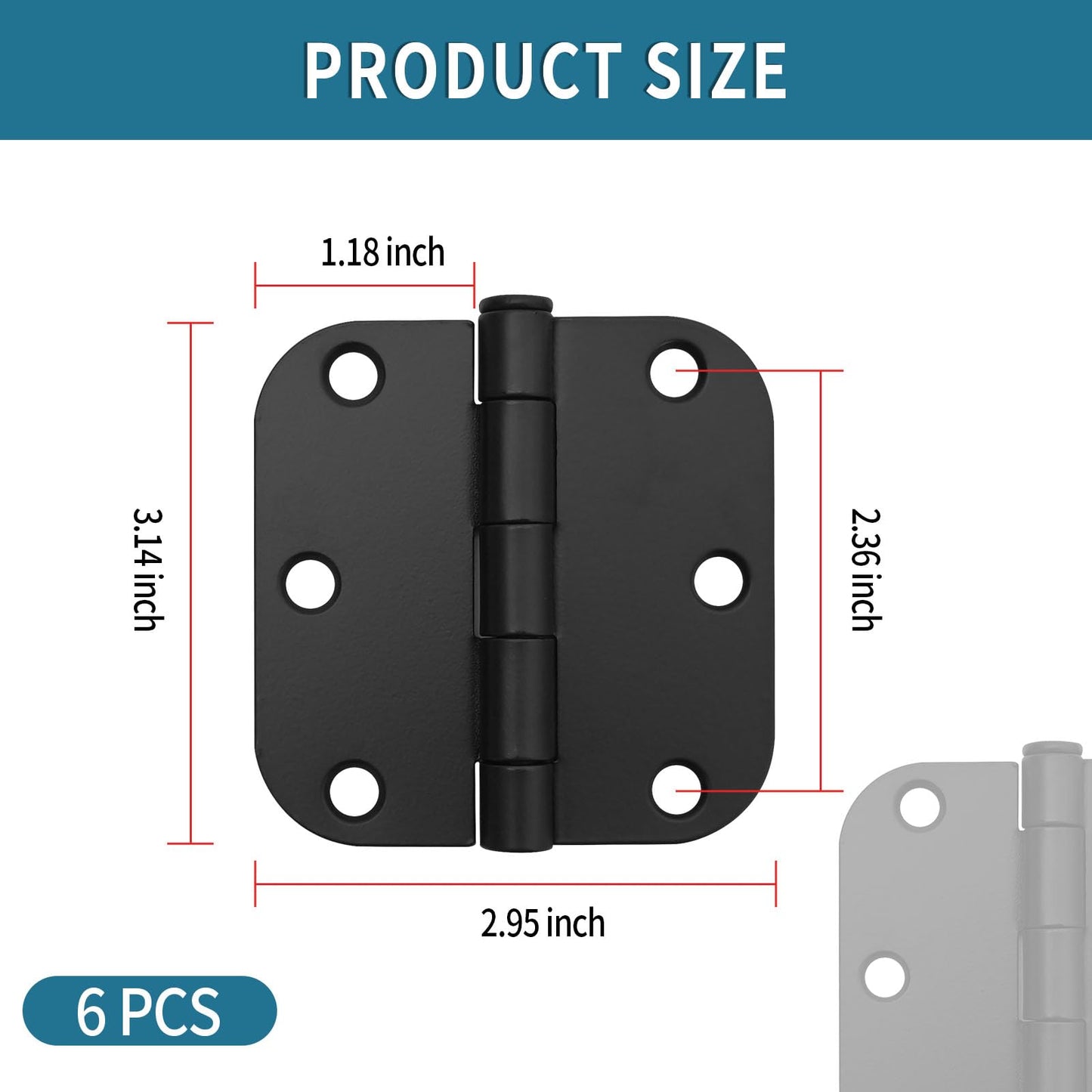 DUZFOREI 6 Pack 3 Inch x 3 Inch Door Hinges, 5/8" Radius Heavy Duty Matte Black Round Door Hinges for Interior 3 Inch Round Modern Hardware
