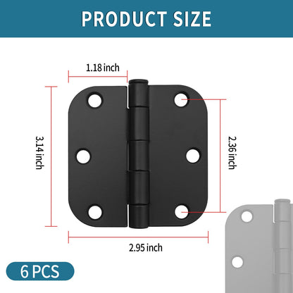 DUZFOREI 6 Pack 3 Inch x 3 Inch Door Hinges, 5/8" Radius Heavy Duty Matte Black Round Door Hinges for Interior 3 Inch Round Modern Hardware