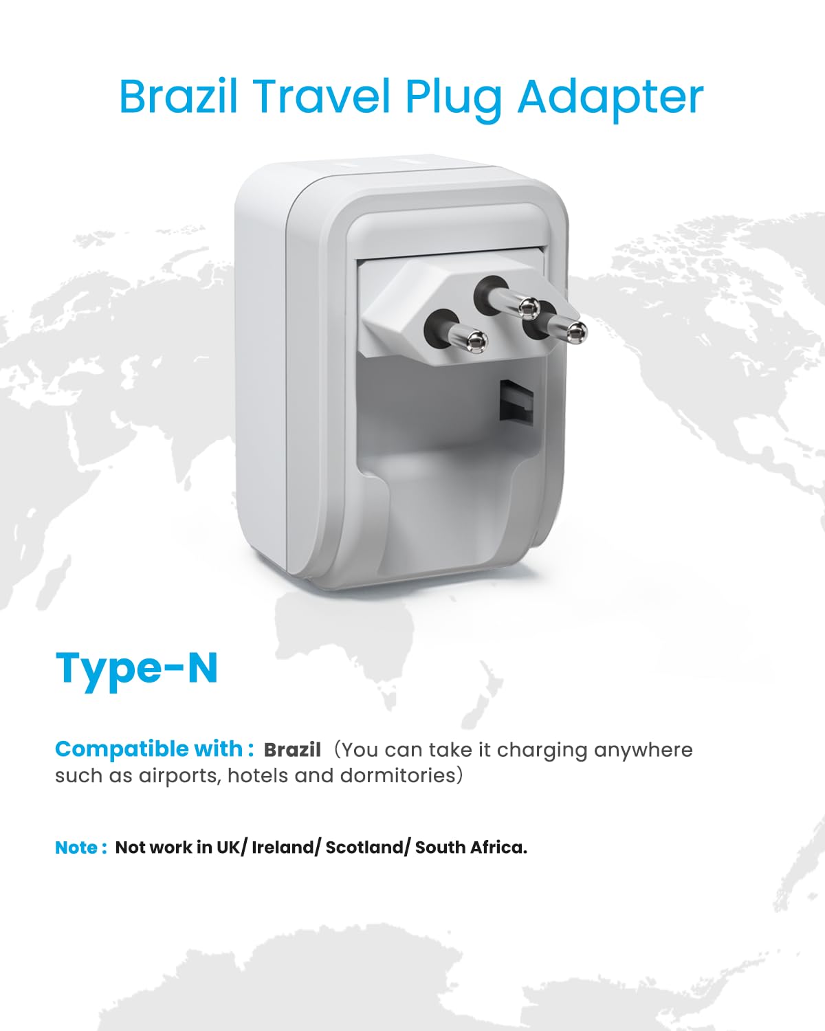 1 Pack Brazil Travel Adapter, VINTAR Foldable Type N Plug Adapter with 2 AC Outlets 3 USB Ports(2 USB C), Brazil Outlet Power Plug for Canada to Brazilian
