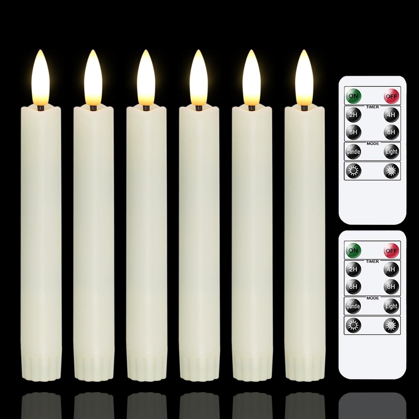 Yeelida Battery Operated Flameless Taper Candles with Two Remote Timer, 6.4" LED 3D-Wick Window Candles, Flickering Long-Lasting Warm Light Electric Pack of 6 Flameless Candlesticks (0.78" Dia, Ivory)