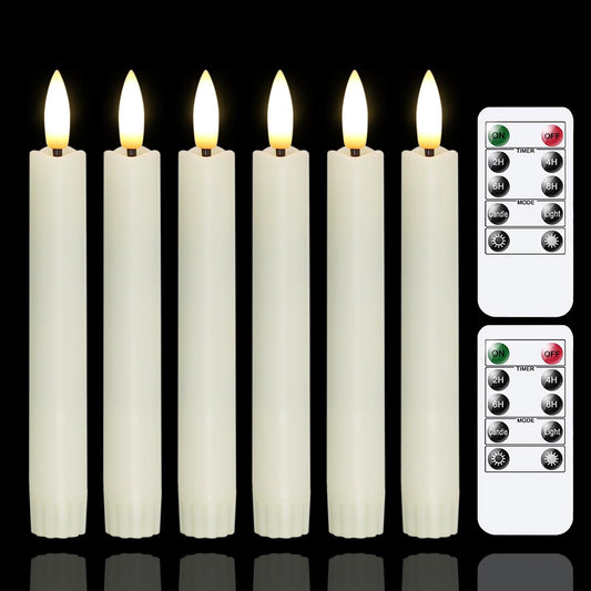 Yeelida Battery Operated Flameless Taper Candles with Two Remote Timer, 6.4" LED 3D-Wick Window Candles, Flickering Long-Lasting Warm Light Electric Pack of 6 Flameless Candlesticks (0.78" Dia, Ivory)