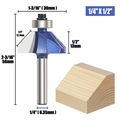 Vearter 4PCS 45 Degree Chamfer Router Bit Set, 1/4'' Shank Carbide Edge Bevel Forming Milling Cutter, DIYer Tool for Woodworking, Wood Profiling, Edging (1/2", 3/8", 5/16", 1/4" Bevel Length)