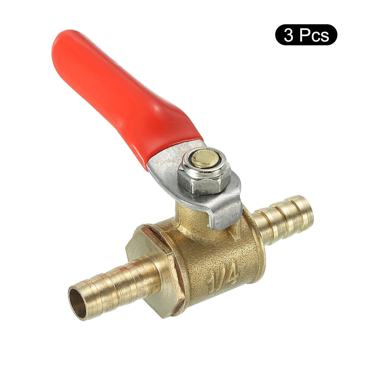 uxcell 1/4" Mini Ball Valve, Brass Shut-Off Valve Switch Hose Barb Pipe Tube Fittings 90 Degree Red Operation Handle, Brass Valve, 5 Pcs