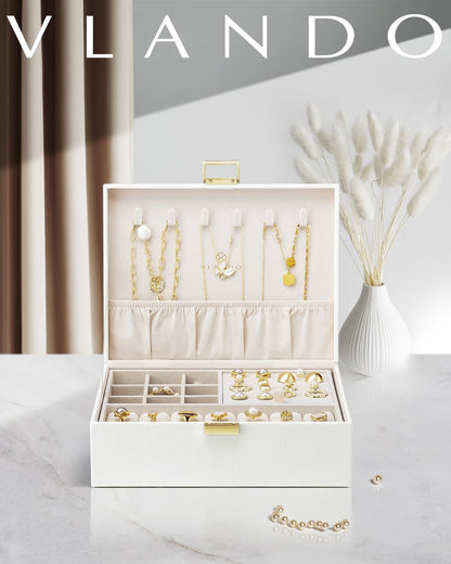 Vlando 2 Layer Jewelry Box Large Jewelry Organizer for Women Removable Jewelery Tray for Necklace Earrings Rings Bracelets Jewelry Boxes for Women Gift (White)