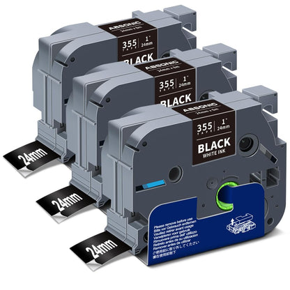 Absonic 3-Pack 24mm White on Black Label Tape Compatible for Brother Tze-355 Tz355 Tze355 Tz-355 PTouch Tze Tz Label Tape 24mm Laminated Black 1 Inch for PT-D600 PT-P700 PT-P710BT PT-P950NW PT-E500