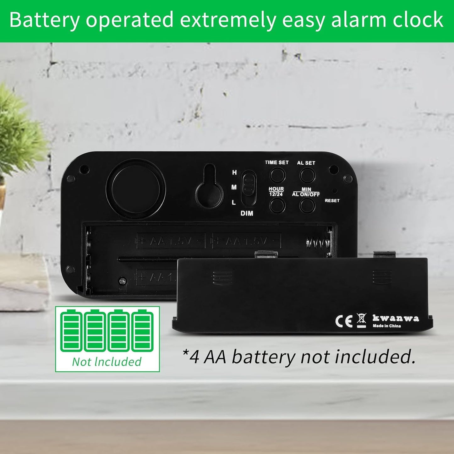 Alarm Clock, Digital Clock, Small Wall Clock, Battery Operated, Adjustable 3-Level Led Brightness, Dim Night Model, 12/24Hr, Cordless, Constantly 1.2'' Digits Display for Bedroom/Travel