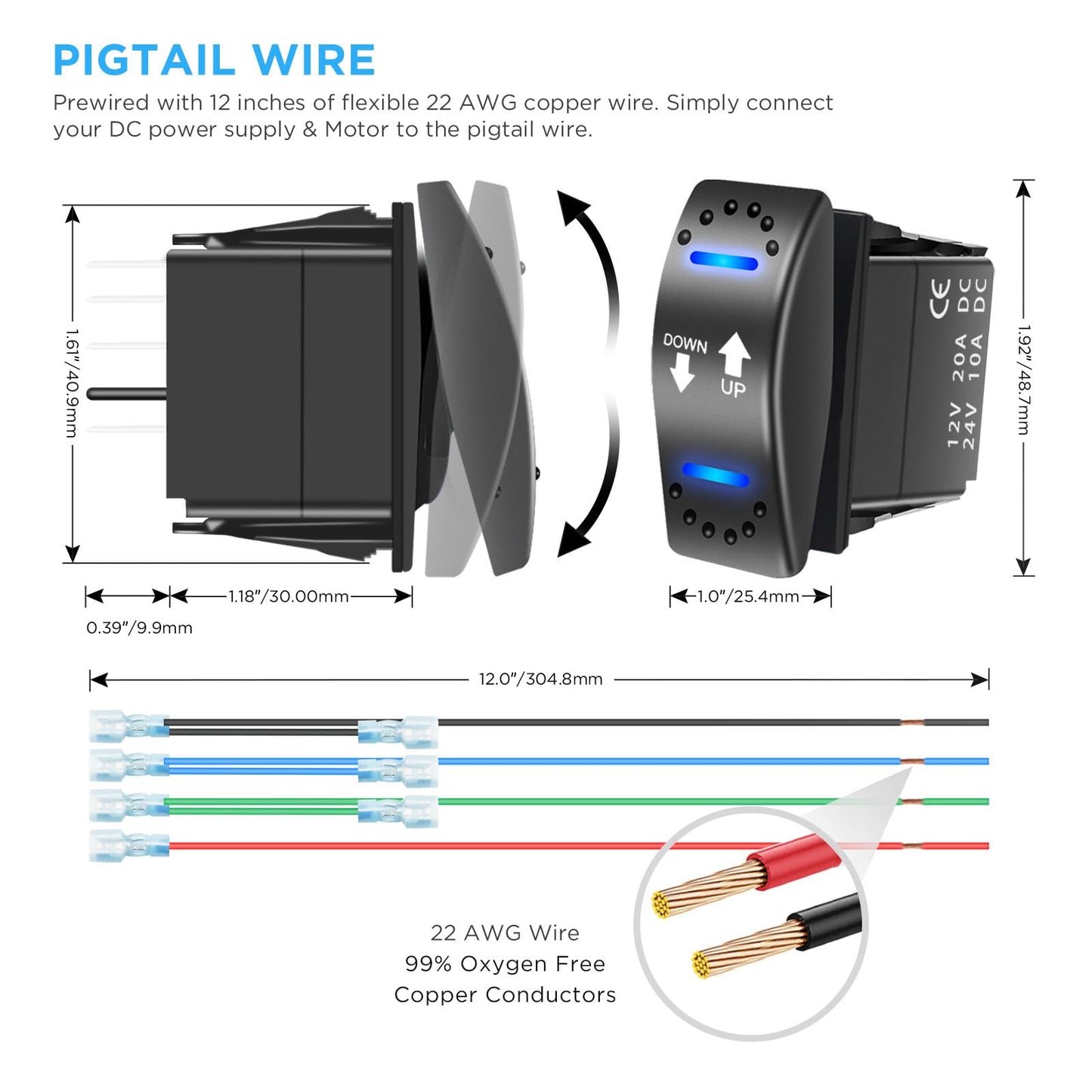 RECOIL LAS2 DPDT 20A DC 12V DC Motor Reverse Polarity Momentary Rocker Switch with Blue LED Pigtail Wire Actuator Up/Down with Adapter and Carling Switch